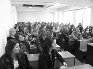 One of the smaller college assemblies Dr. Cameron addressed. During his time in Moldova, Dr. Cameron addressed about 2,000 people in the various meetings. Most were college or graduate students or professionals, but a few hundred high school students and a like number of members of the general public also came.