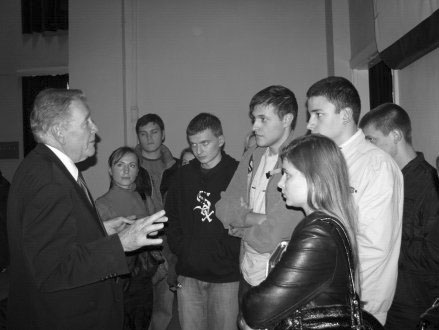 fri_moldova_5 A number of medical students chatting with Dr. Cameron after his presentation at the Medical University. The large conference room was packed (around 3-400 attended), and these students stayed afterward for about 15 minutes to discuss various aspects of homosexuality.