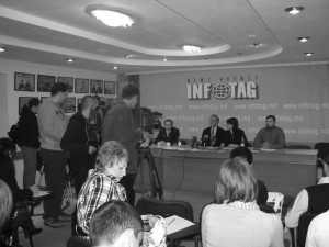 The main press conference. Dr. Paul Cameron, being interviewed, is flanked by two translators and an official representative from the Orthodox Church. Results were broadcast accross both Moldova and a number of sister stations around Europe.  